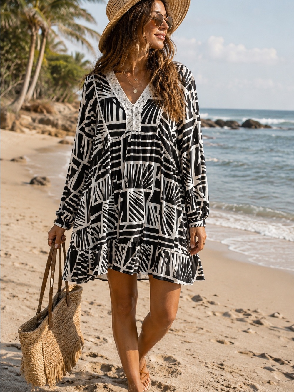 Salty Lemon XL Rayon Boho Tunic Dress Geometric Print Crochet Trim